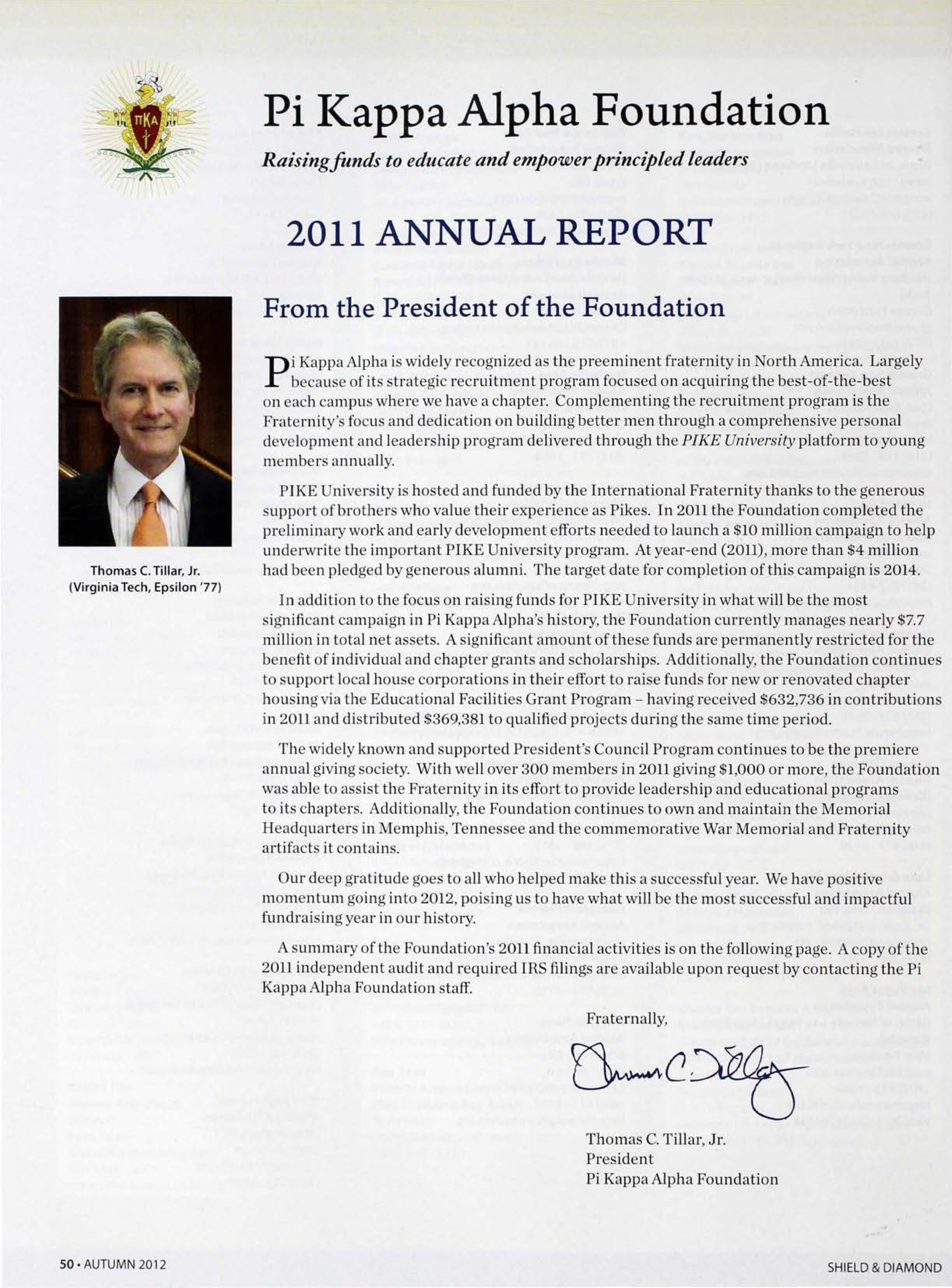 Pi Kappa Alpha Foundation: 2011 Annual Report, Autumn 2012